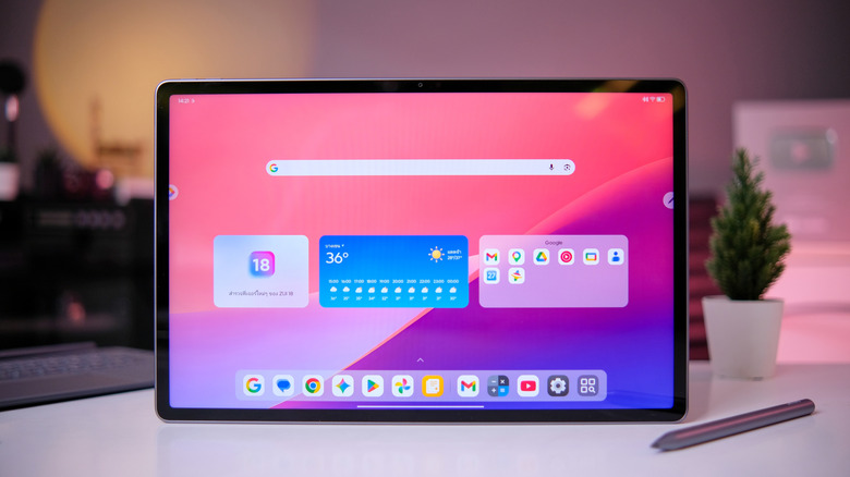 a Lenovo tablet sitting on a table