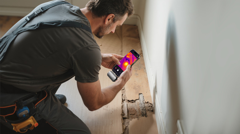 A man using the TOPDON TC002C Duo to scan for pests
