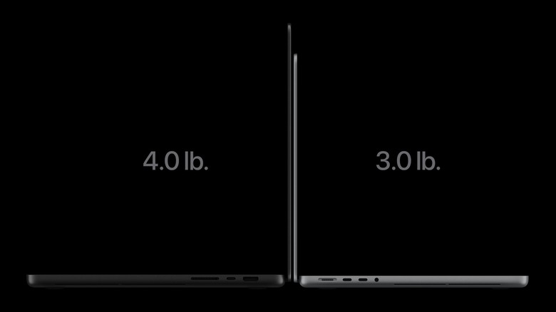MacBook Pro 14-inch and 16-inch next to text displaying their weight