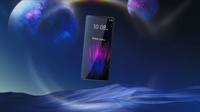 HTC U24 Pro smartphone trailer with phone in front of artistic background