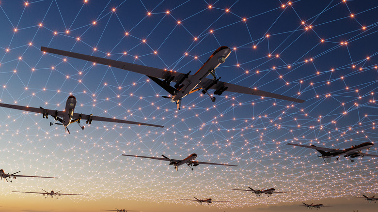 A swarm of military drones connected in a network