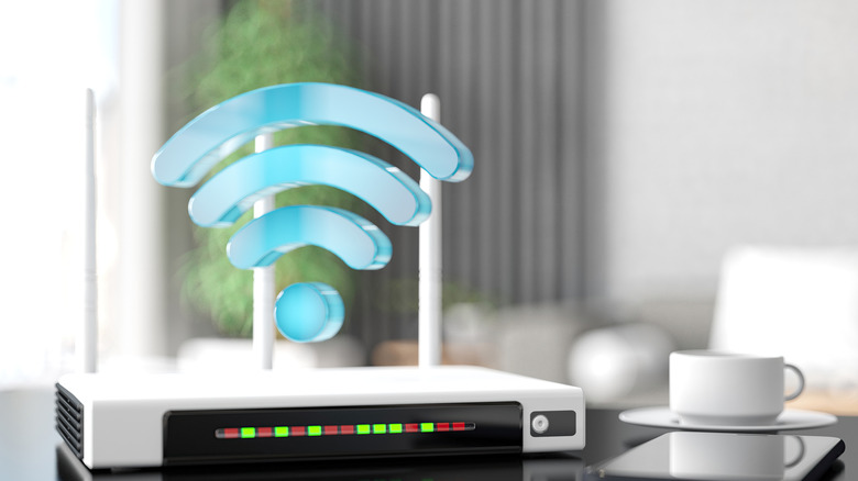 wireless router with a wifi signal hovering above it