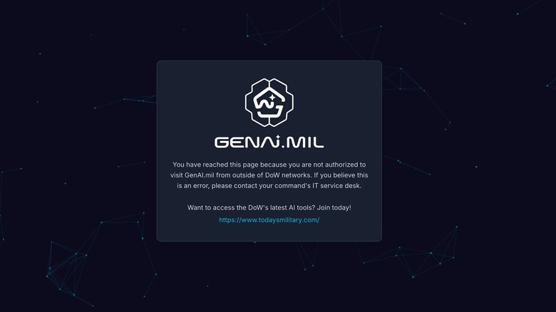 The GenAI.mil homepage, greeting users with a warning about accessing the tool outside of DoD networks.