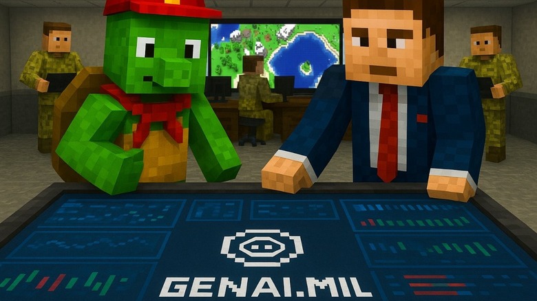 An image of a pixelated cartoon Hegseth standing over a GenAI.mil terminal with a cartoon turtle and soldiers in the background.
