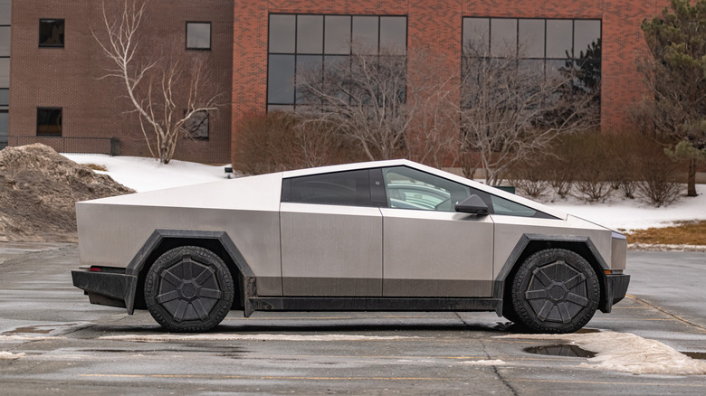Tesla Cybertruck parked outside building