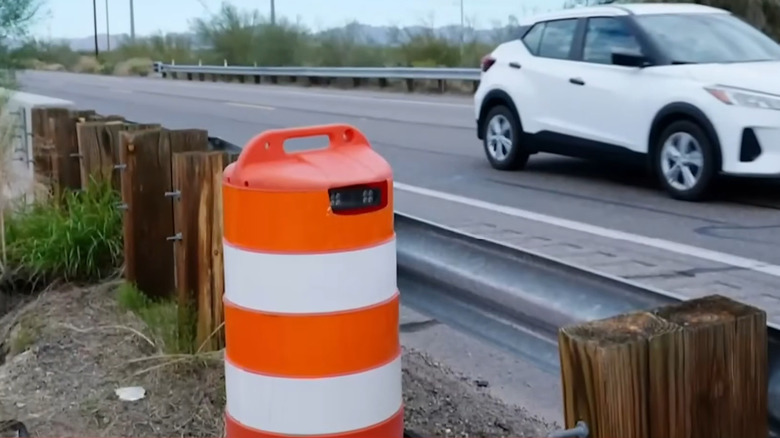 A secret border patrol traffic camera hidden inside a traffic cone