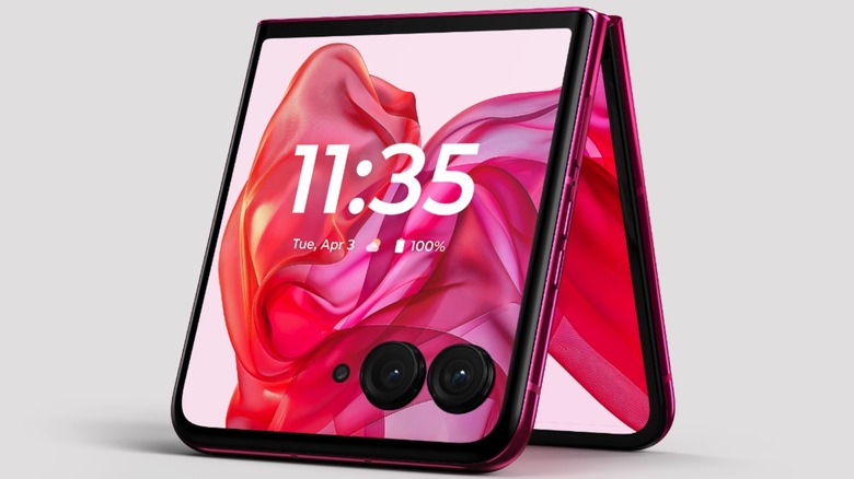The Motorola Razr Plus (2025) in tent mode on a desk with the displays turned on.