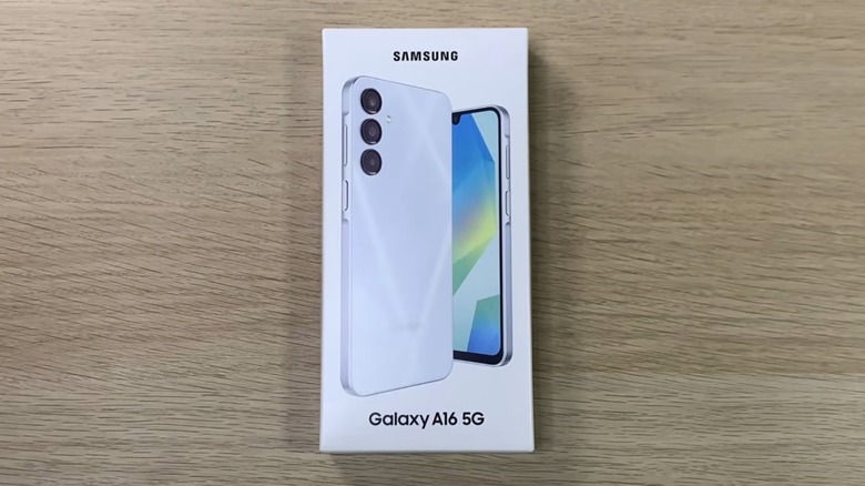 The Galaxy A16 5G retail box on a desk.