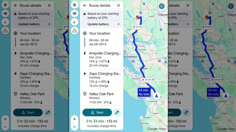 Google Maps providing details about a route that shows information about a user's battery level and where they can stop to charge their battery
