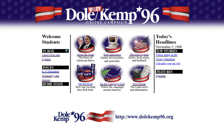 Screenshot of the Vote Dole/Kemp 96 Online Campaign home page