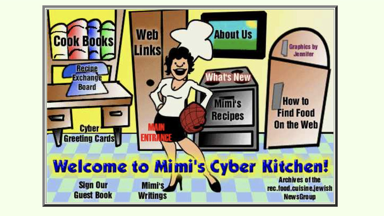 Home page of Mimi's Cyber Kitchen showing a cartoon woman in a kitchen