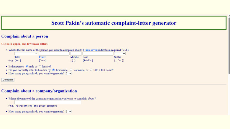Screenshot of Scott Pakin's automatic complaint-letter generator
