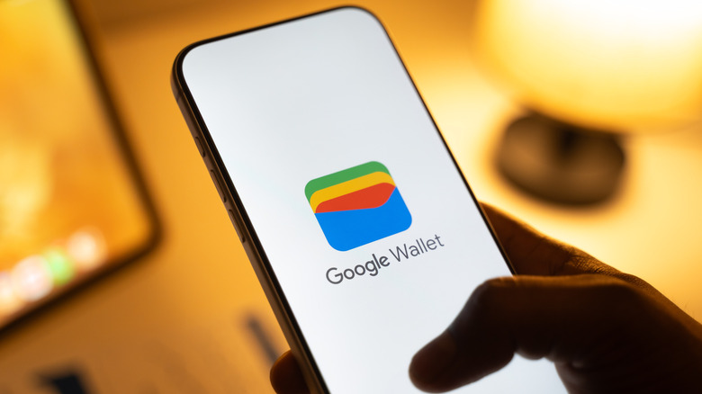 Someone holding up their phone with the Google Wallet logo and splash screen visible.
