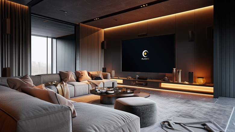 Auro 3D logo displayed on a TV and in a living home theater setup.