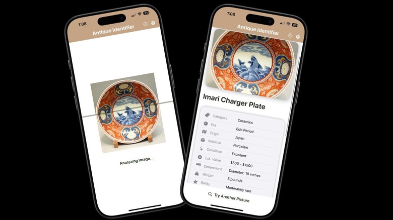 Vintiq Identifier app screens showing an antique plate being analyzed and identified with item details.