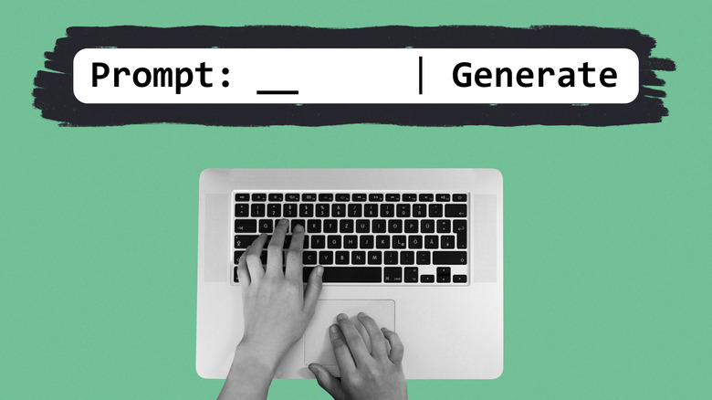 An illustration showing a black-and-white photo of hands typing on a MacBook keyboard with a green background. Above the hands is a text-box that reads "Prompt: _ Generate"