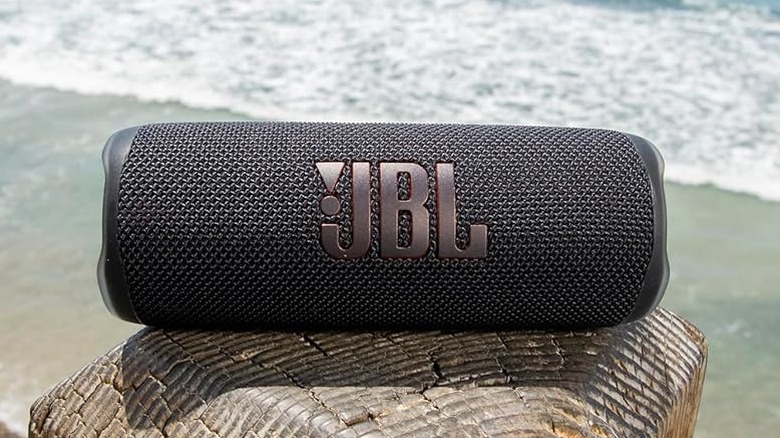 The JBL Flip 6 placed on top of a wooden beam in front of a body of water.