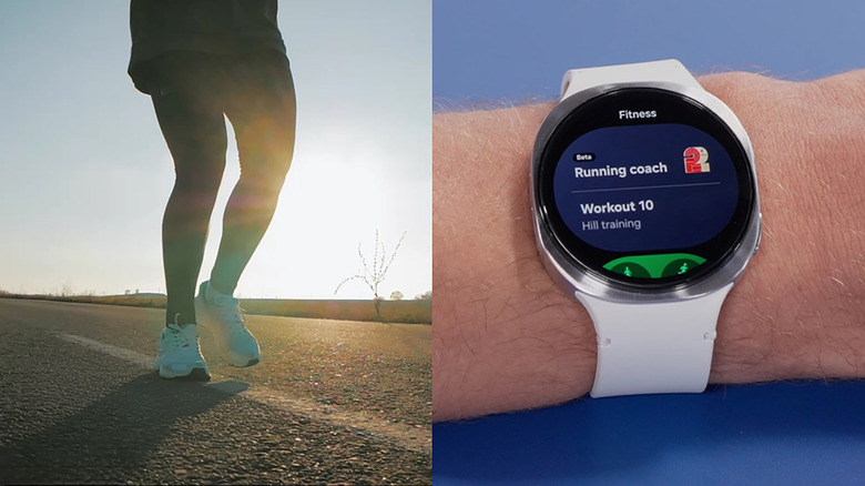 A split image of someone's legs running on the left and the Samsung Galaxy Watch Ultra showing Running Coach on a wrist on the right.