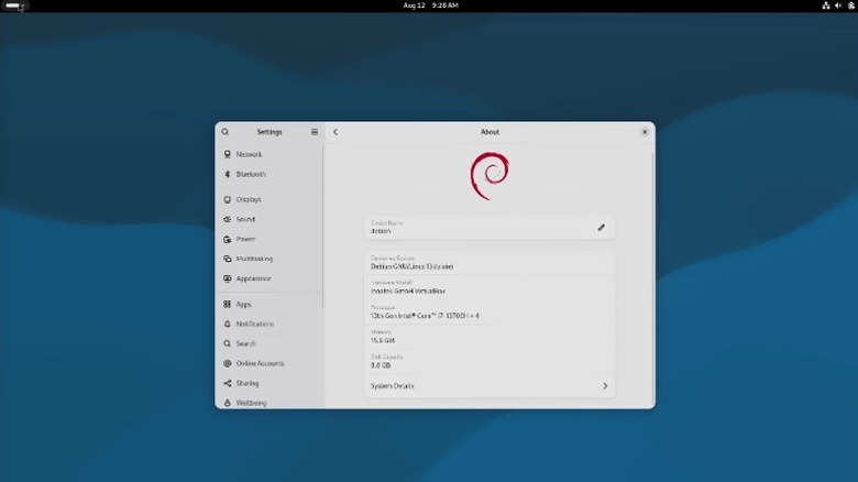Settings window open on a Debian desktop screen.