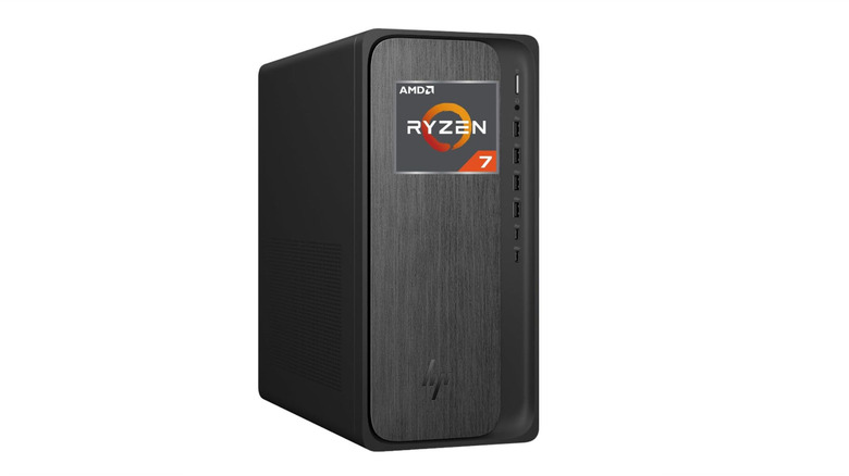 The HP OmniDesk Tower desktop PC against a white background