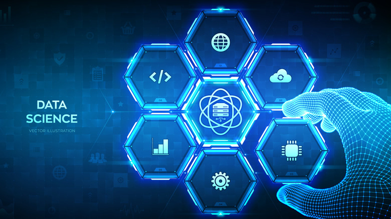 A graphic illustration written data science with different icons of its components