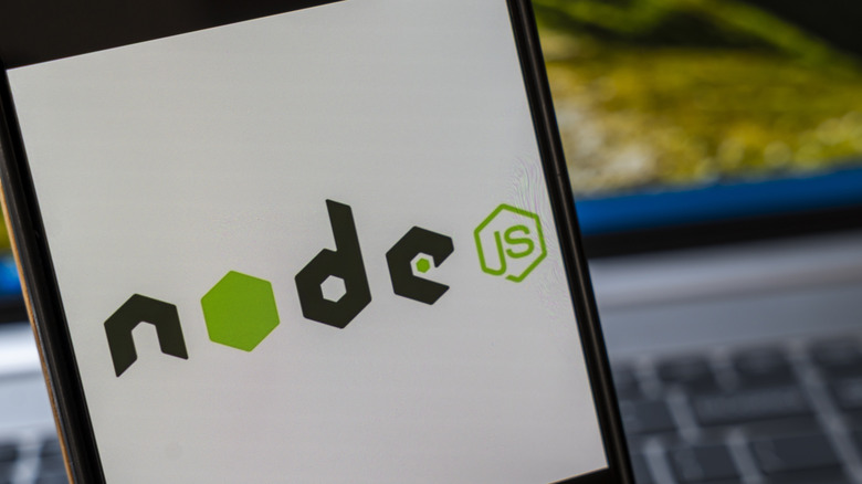 A phone screen showing the Node.js logo.