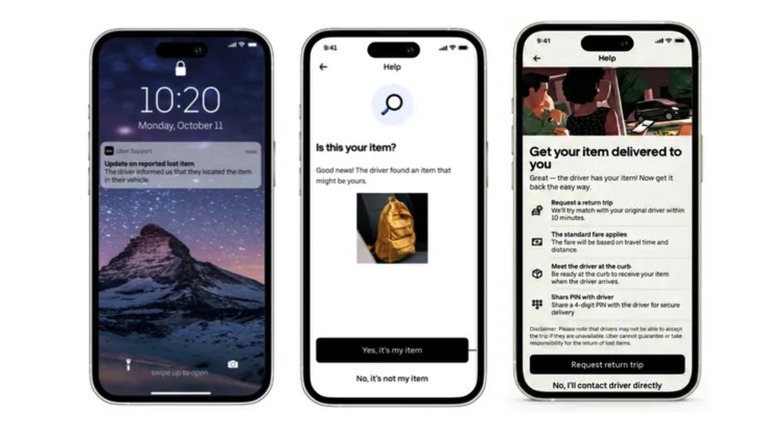 Screenshots from the Uber app, highlighting the new procedure for retrieving lost items.