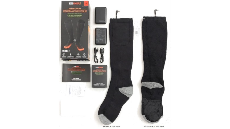 A photo showing the 32 Degree Rechargeable Heated Socks, including their packaging, the socks, the batteries they come with, charging cables, and information