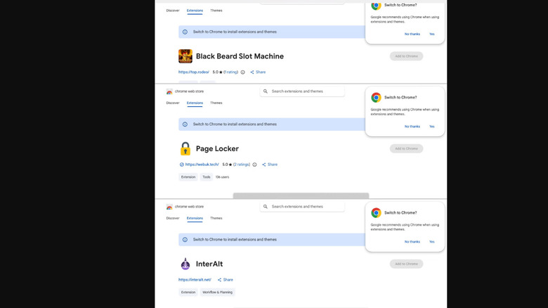 A screenshot of three extension pages provided by Socket, named Black Bear Slot Machine, Page Locker, and InterAlt