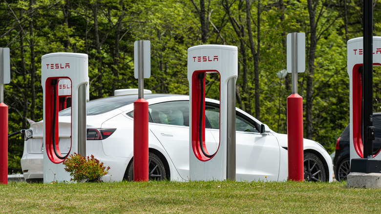 A Tesla car at one of Tesla's Supercharger stations