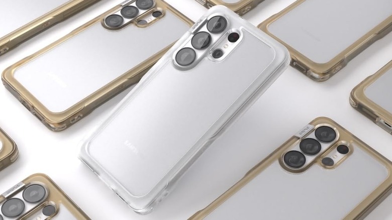 A Galaxy S26 Ultra phone with Ples Arche Case surrounded by phones