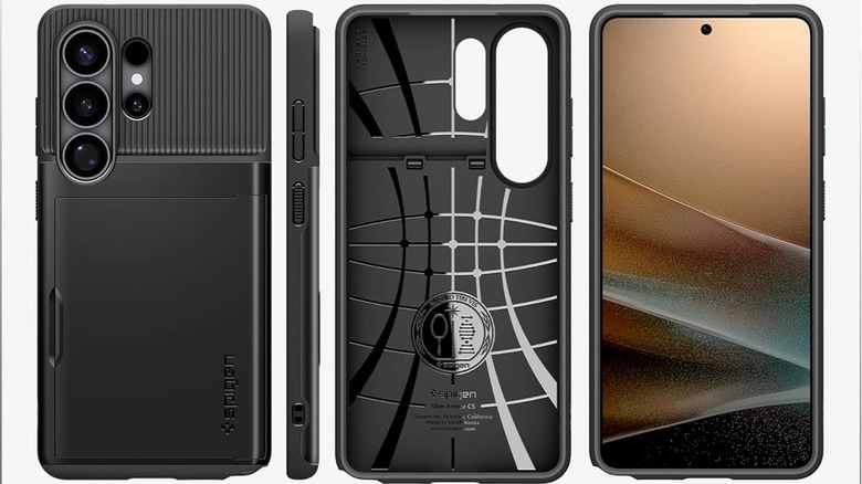 A Samsung Galaxy S26 Ultra with the Spigen Slim Armor case against a grey background