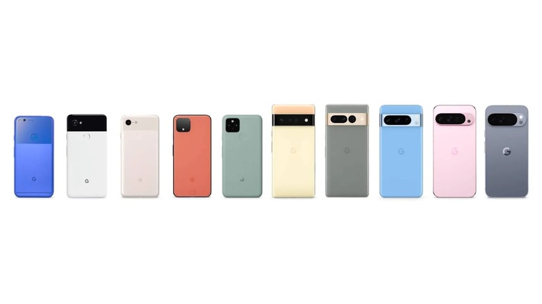 Google Pixel phone models lined up