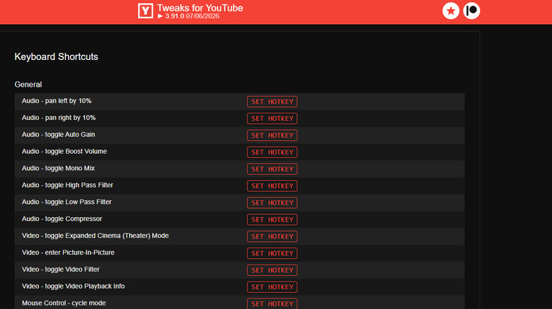 Tweaks for YouTube showing keyboard shortcuts customization