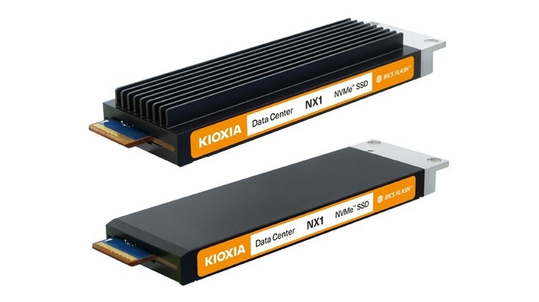 Image of Kioxia's 9.5mm and 15.mm NX1 solid state drives on a white background