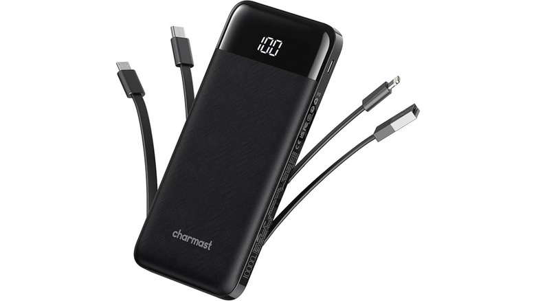 An Amazon photo of the charmast 10000mAh Travel Battery Pack, it's four cables are flailed to present to the viewer