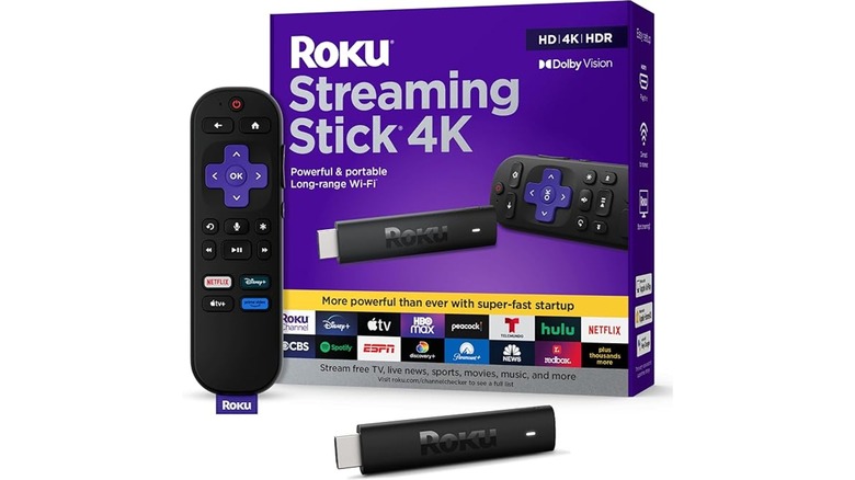 An Amazon photo of a Roku controller, the Roku Streaming Stick 4K, and its box