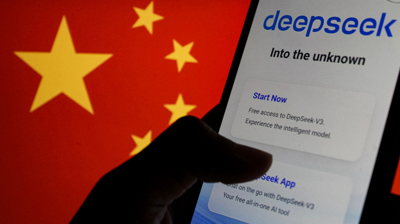 An anonymous user pulls up DeepSeek besides a Chinese flag.