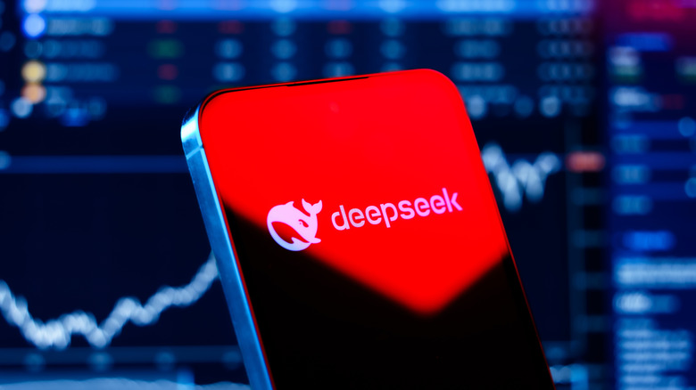 A red-lighted DeepSeek logo is shown before a graphic of the stock market.