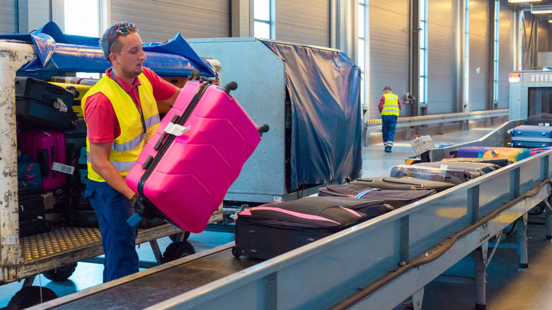 an airline employee loading luggage for an airplane