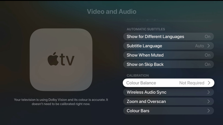 A screenshot showing Color Balance option in Apple TV settings
