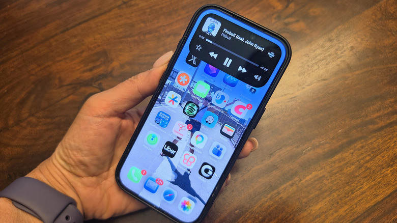 An iPhone in hand showing expanded music controls in Dynamic Island.