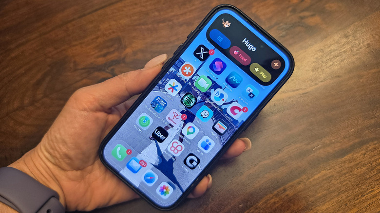iPhone in hand showing an expanded view of Pixel Pals in Dynamic Island.