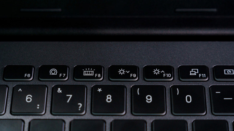 Close-up of the function keys on a laptop keyboard