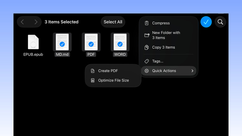 iPad Files app showing selected files with Create PDF option