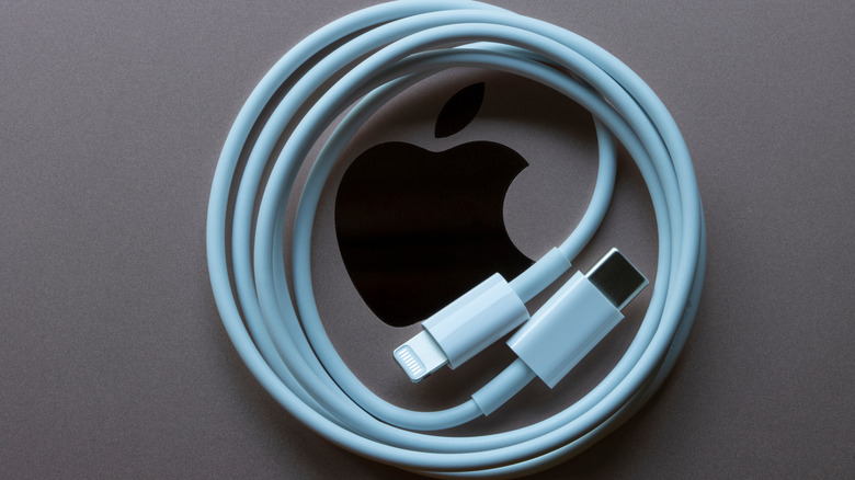 old Apple lightning cable sitting on Mac laptop