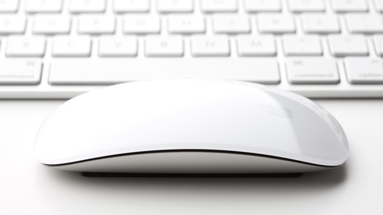 An Apple Magic Mouse with a Magic Keyboard in the background