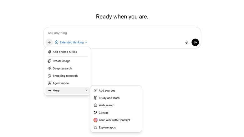 The various modes and tools available in the ChatGPT Plus prompt composer.
