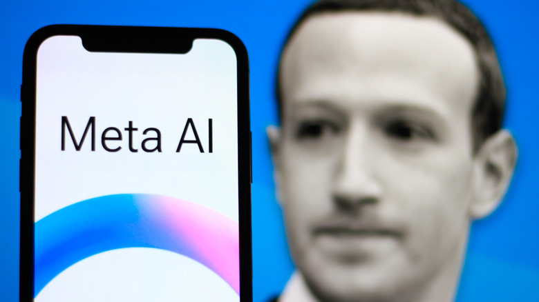 Meta AI running on an iPhone with an image of Mark Zuckerberg in the background.