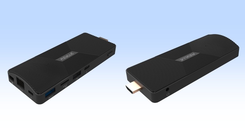 A collage showing Azulle Access ARM Mini PC Stick from two angles
